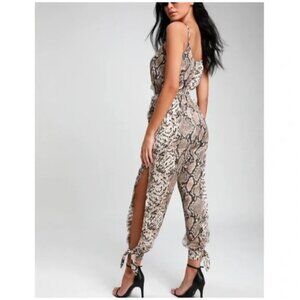NWT Lulus Jumpsuit S Jasper Snakeskin Surplice Split Leg Wrap Satin Brown Black